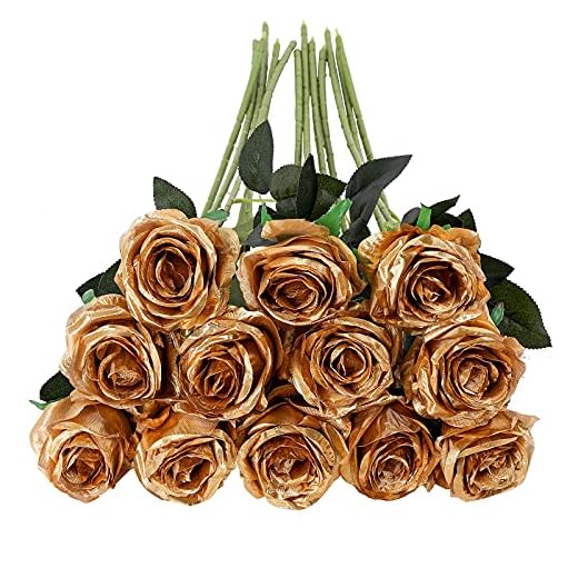 Tifuly 12 Rosas Artificiales, 19.68 Pulgadas de Tallo Largo de Seda Falsa Ramo de Boda Realista para el hogar, jardín, Fiesta, Hotel, Oficina (Rosas en Flor, Dorado)