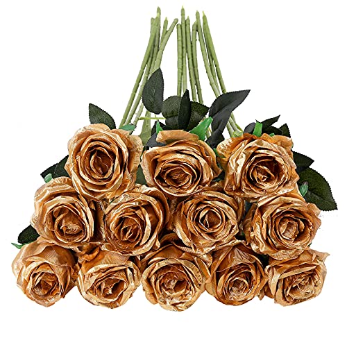 Image of Tifuly 12 PCS Rose Artificial Flower, Single Stem Fake Flowers Bridal Wedding Bouquet, Realistic Blossom Flora for Home Garden Party Hotel Office Decorations (Golden)