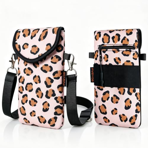 Image of Neoprene Phone Sleeve Pouch Case Bag for Men Women w /Crossbody Strap /Neck Lanyard for iPhone 17 /16 /15 /14 Pro Max, Samsung S25,Pixel 10 Leopard Print