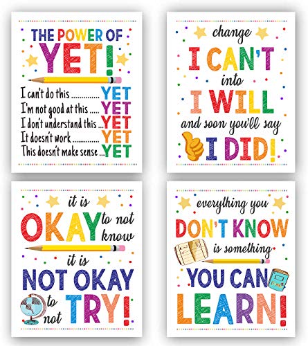 Image of Growth Mindset Wall Art ,Motivational Wall Art, Inspirational Quotes Art Painting,Motivational Phrases Art Prints,School Office Classroom Teacher Decoration Art,Set of 4(8 inchX10 inch), No Frame.Classroom Poster, Classroom Decor.