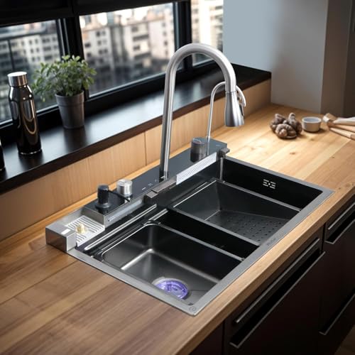 Image of Ruhe Piano Black Smart Waterfall Kitchen Sink | 30x18x9 inches | Digital Display, Pull-Out Faucet & RO Tap | 304-Grade Stainless Steel Single Bowl Sink | Automatic Cup Washer | Multi-Functional Sink