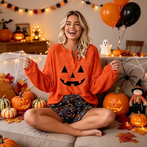 Image of Roshop Halloween Pajama Women's Pumpkin Top & Shorts Loungewear Set