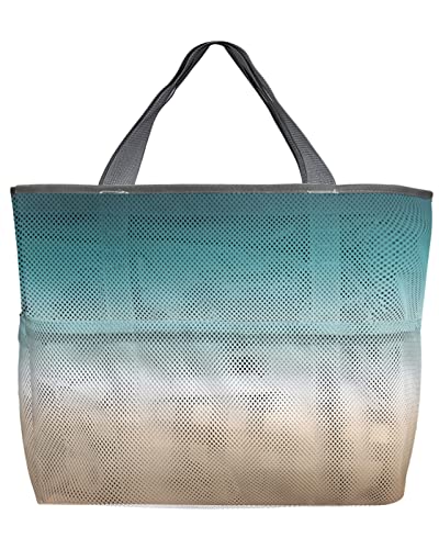 Teal Beige Ombre Cream Beach Tote Bag for Women, Modern Turquoise Abstract Art Aesthetics Mesh Beach Bags Waterproof, Outdoor Picnic Swim Pool Handbag - Large Beach Bag with Zipper and Pockets