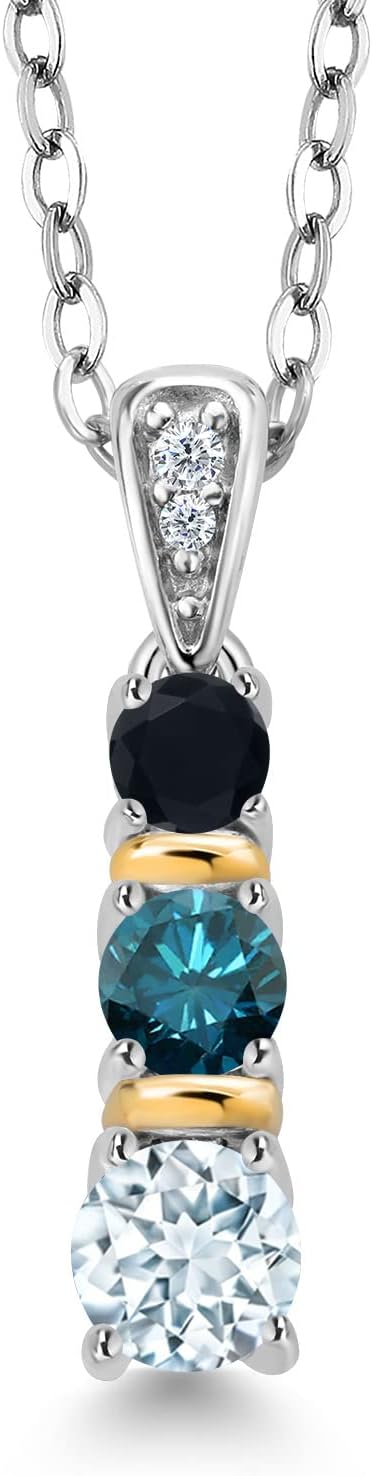 Gem Stone King 925 Silver and 10K Yellow Gold Round Sky Blue Aquamarine Blue Diamond and Black Onyx Pendant Necklace For Women (0.50 Cttw, Gemstone March Birthstone, with 18 Inch Chain)