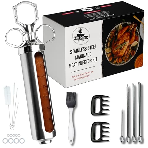 Professional Marinade Meat Injector Syringe Kit for Smoking & Grilling Turkey, Brisket & BBQ - Large 2 Oz Stainless Steel Capacity Barrel - No Leaks or Clogs + Meat Shredding Claws & Basting Brush