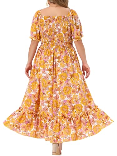 Image of Agnes Orinda Plus Size Dress for Women Short Sleeve Shirred Square Neck Floral Maxi Long Dresses