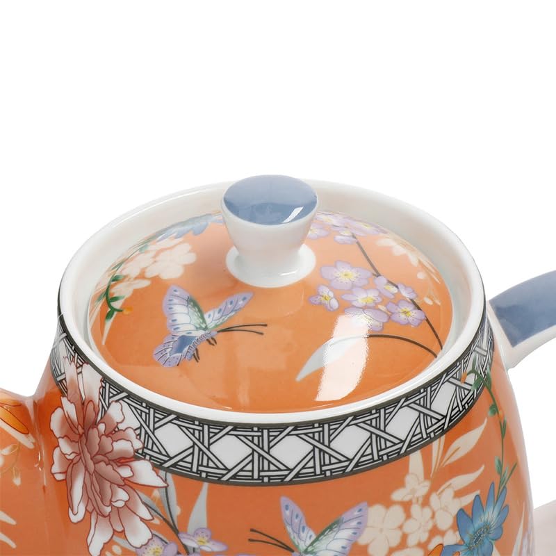 London Pottery Klasyczny ceramiczny czajniczek z dzwonkiem, 1 l, koralowy kwiatowy, vintage kwiaty i wzory motyla, zaparzacz do herbaty ze stali nierdzewnej, dzbanek do herbaty w stylu angielskim na