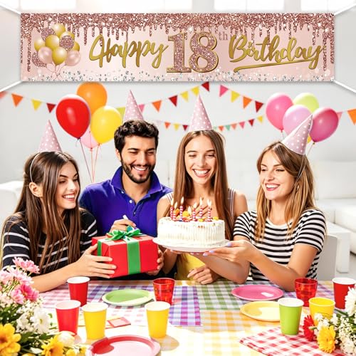 Image of Excelloon 18th Birthday Banner Decorations for Girls Women, Pink Rose Gold Happy 18 Birthday Yard Banner Party Supplies, 18 Year Old Teenager Bday Background Sign for Outdoor Indoor