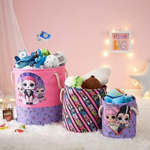 Image of Idea Nuova LOL Surprise 3 Piece Multi Size Fabric Nestable Toy Storage Basket Set, with Rope Carry Handles