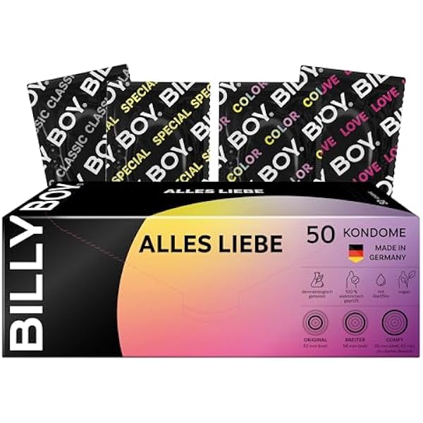 BILLY BOY Prezerwatywy | Alles Liebe od Zestaw 50 prezerwatyw w różnych rozmiarach | przezroczyste, kolorowe, owocowe, z prążkami/wypustkami i z wbudowanym pierścieniem | (1 × 50 sztuk)
