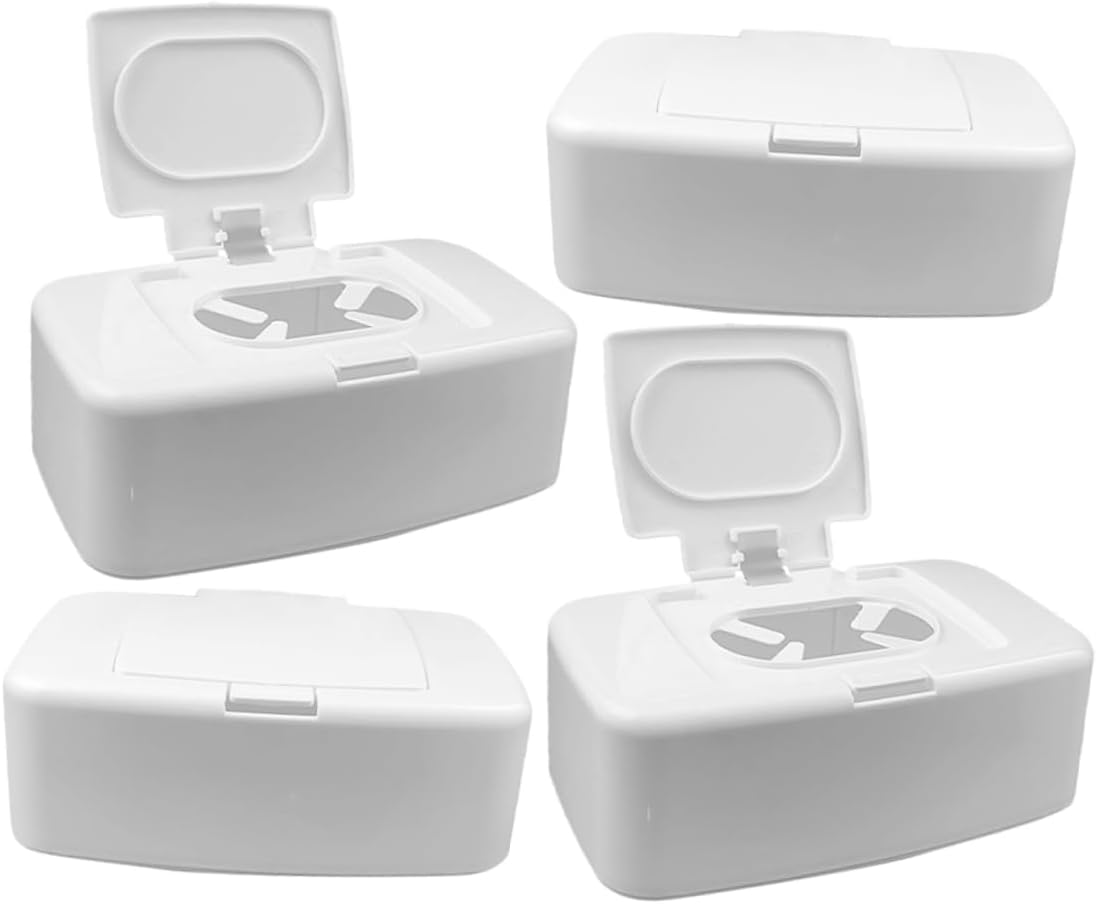 WOONEKY 4pcs White Plastic Wipe Storage Box Button Reusable Wipes Holder for Nursery Living Room Easy Access Tissue Dispenser for Home