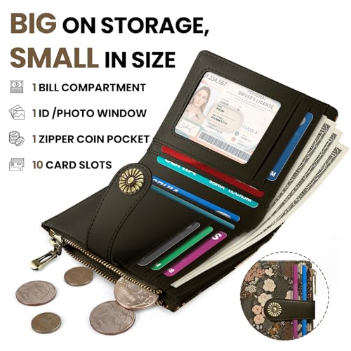 Image of Small Wallet for Women, RFID Blocking Bifold Card Holder Wallet with 10 Card Slots, Cash Compartment, Zipper Coin Pocket & ID Window, Cute Soft Vegan Leather Compact Wallet, Rose