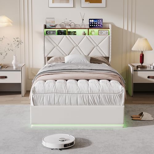 FAAMEPBO Cama de matrimonio de 90 x 200 cm con almacenamiento hidráulico, cama de tela con LED RGB, USB y USB-C, cabecero con compartimento de almacenamiento y estantes, somier de láminas (Beige-b, 90