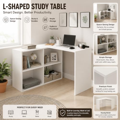 Image of FURNEASER Maggen Engineered Wood Rotatable Study Table, L-Shaped Corner Computer Desk, Laptop Workstation for Home Office, WFH Desk, Gaming Space Saving Rotating Table with Bookcase (White)