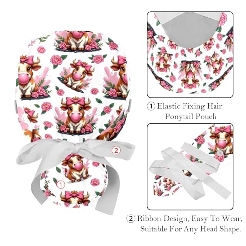 Image of 2 PCS Bouffant Cap with Button Ponytail Pouch Working Cap Sweatband Adjustable Surgical Cap Black and White Cow