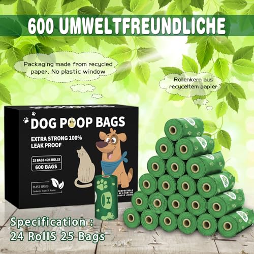 BGIUSQF 600 Pcs Hundekotbeutel (24 Rollen), Kotbeutel für Hunde + Hundekotbeutelspender, Tragbar Dog Poop Bags, Leicht zu Zerreißen, Auslaufsicher und Wasserdicht, Hundebeutel Kot, Grün