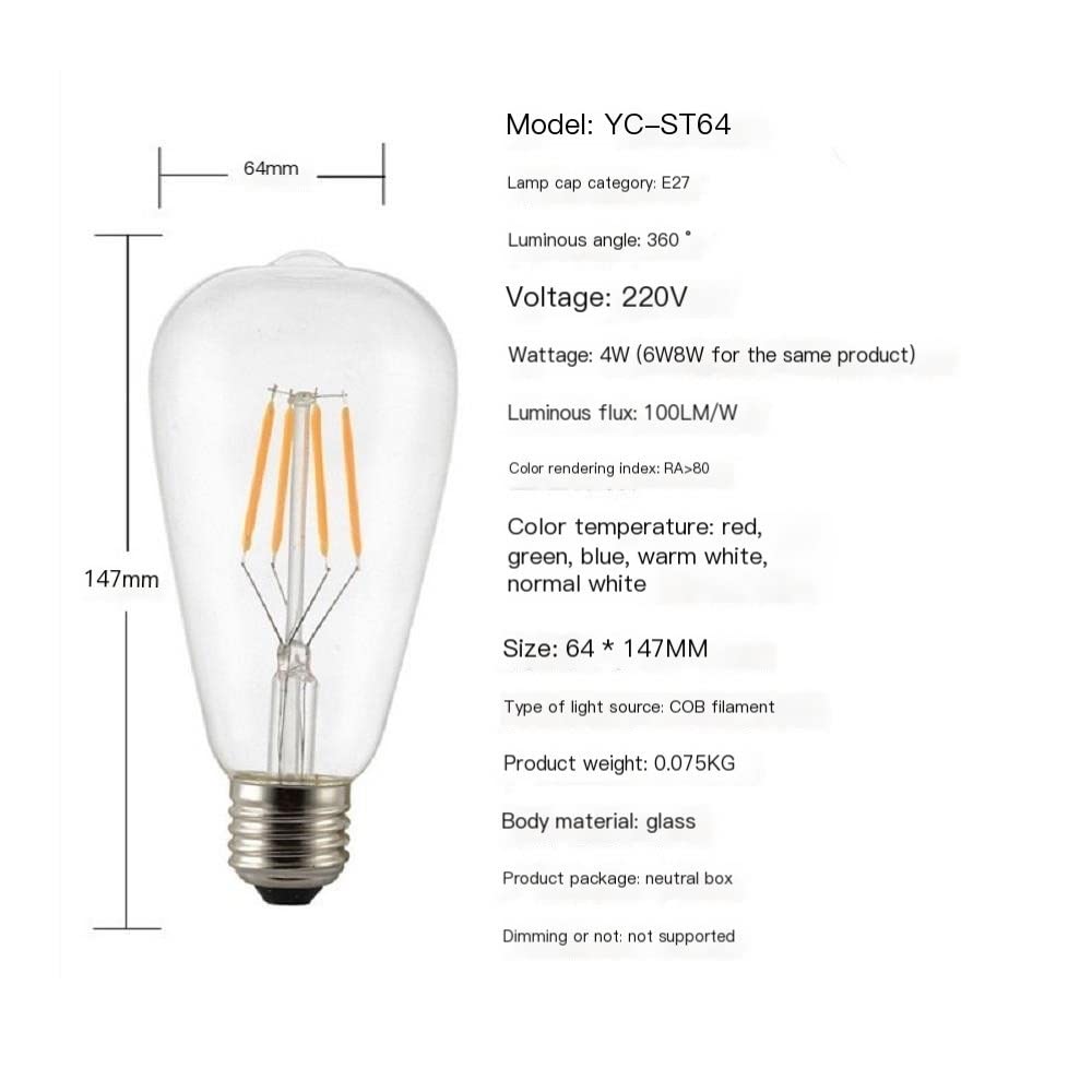 RZL Lighting, Pack de 10, ampoule à Filament décorative de couleur LED AC220V E27 ST64 rouge/bleu/vert/rose, Source de lumière de lampe décorative(Bleu)