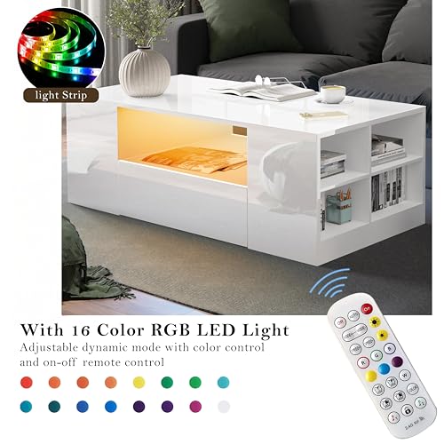 Blisswood LED Coffee Table with 2 Drawer Storage, High Gloss Wooden Centre Table for Living Room with RGB LED Lights, Rectangle Tea Table - Image 5