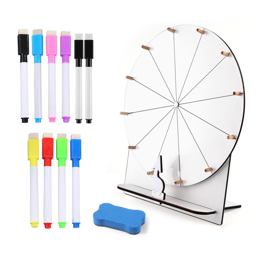 Rueda Giratoria de Premios, 29 cm Rueda de la Fortuna para Girar, Rueda de la Fortuna, Rueda de Premios con Marcador Borrable y Borrador para Carnaval, Feria Comercial,Fiesta de Juegos (Blanco)