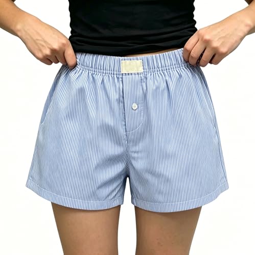 Image of Y2k Plaid Shorts Cute Baggy Ginghem Boxer Shorts for Women Checked Lounge Pajama Bottom Preppy Sleep Pj Shorts