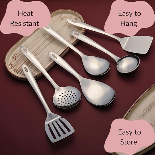 Image of Montavo by FnS 6 Pieces Stainless Steel Serving Tools Set | Rice Server, Gravy Ladle, Serving Spoon, Solid Turner, Skimmer & Slotted Turner | Kitchen Utensil Set for Home & Dining