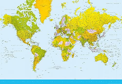 Fototapete Weltkarte Schlafzimmer Wohnzimmer Geographie modern | 3,66 m x 2,54 m | Gelb, Grün, Blau, Rosa, Schwarz