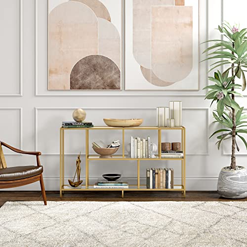 Image of Henn&Hart 52 inch Wide Rectangular Console Table with Glass Shelves in Brass, Entryway Table, Accent Table for Living Room, Hallway