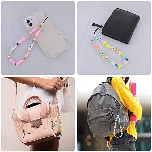 Sibba 6 Pieces Beaded Phone Charm Mobile Lanyard Anti-Lost Key Chain Wristlet Bracelet Rainbow Smiling Face Fruit Star Letters Wrist Strap