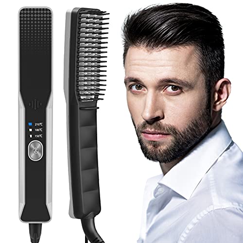 2 in 1 Hair Straightener Brush for Men - Premium Professional Men's Beard Straightener Heated Hot Comb Hair Straightening Brush for Home and Travel, 3 Temp, Fast Heating, Anti Scald Design