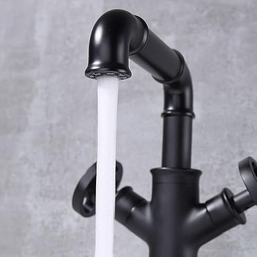 Miniatura 10 de KunMai Tubo industrial solo agujero dos manijas grifo lavabo doble manijas latón macizo en negro mate