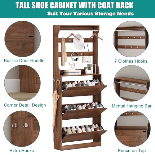 Image of Shoe Cabinet for Entryway with 3 Flip Drawers, Walnut Tall Wood Shoe Storage Cabinet with Coat Rack, Narrow Hidden Slim Freestanding Shoe Rack Organizer, 2 in 1 Hall Tree for Living Room, Hallway