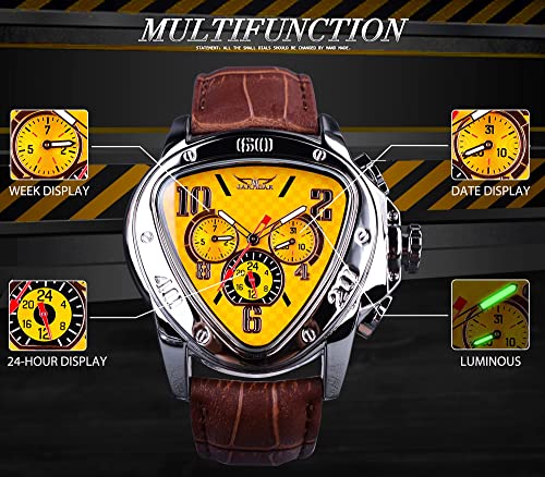 FORSINING Fashion Mechanical Watch Triangle Racing Dial Waterproof Golden Automatic Brown Leather Design Mechanical Watch for Men, Modern and sporty