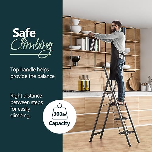 WOA WOA 4 Step Ladder, Ladders for Home, Anti-Slip Pedals, Aluminum Step Stool Foldable, Lightweight to Move, Ease of Storage, Reach 9ft for Closet Kitchen Library, Hold 300lbs - Black