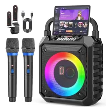 JYX Caixa de Som com Microfone para Adultos e Crianças, Caixa de Som Bluetooth Portátil com 2 Microfones e Luzes de DJ para Festas e Reuniões em Casa, Suporta USB/TF/AUX/REC