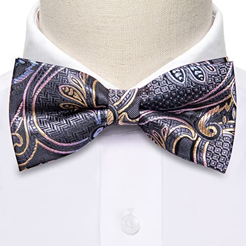 Image of Barry.Wang Paisley Striped Bow Tie for Men Silk Pre-Tied Bowtie Pocket Square Cufflinks Set Formal Wedding Party Prom
