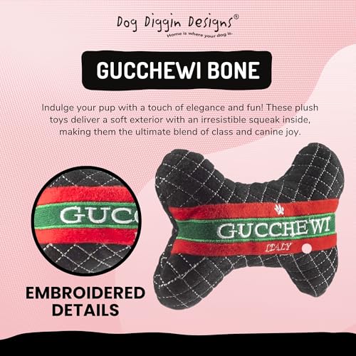 Dog Diggin Designs Gucchewi Plush Dog Toy Bone | Luxury-Inspired Parody Designer Bone with Squeaker, Soft Plush Chew & Play Dog Toy – Prêt-à-Porter Play! - Image 4