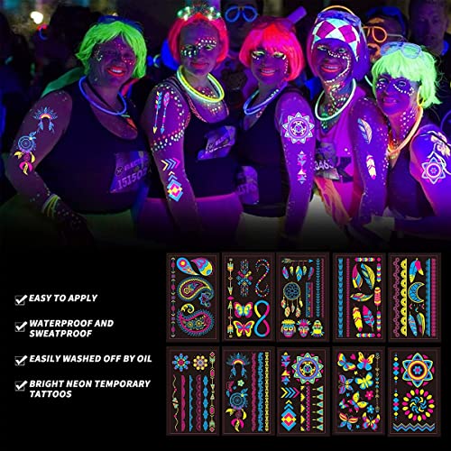 MAYCREATE® 10 Sheets Temporary Tattoo Stickers Night Glow in the Dark Sticker, 80+ Styles Waterproof UV Neon Stickers, Body Face Fake Tattoos for Women Men Kids Rave Festival Party - Image 5