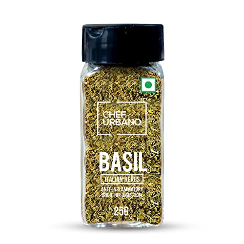 Image of Chef Urbano Basil 25 GMS Sprinkler | Italian Herbs | Pizza and Pasta Seasoning | Premium Herbs and Spices | Flakes /Leaves | Glass Bottle