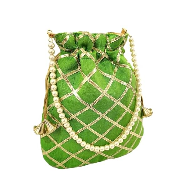 DUCHESS Women's Gota Patti Green Potli Bag Purse with Pearl Handle - Image 3