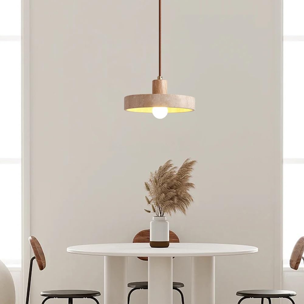 Nordische Naturstein-Pendelleuchte, Wabi Sabi gelbe Travertin- und Holzdecken-Hängelampe, Mid-Century Modern Marmor-Pendellampe for Kücheninsel, Esszimmer, Schlafzimmer(Wood)