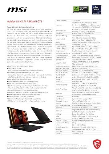 MSI Raider 18 HX AI Gaming-Laptop, 18 UHD+ Mini-LED Display, Intel Core Ultra 9, NVIDIA GeForce RTX 5080, 64 GB DDR5 RAM, 4 TB SSD, Windows 11 Home, QWERTZ Tastatur, Schwarz, A2XWIG-075