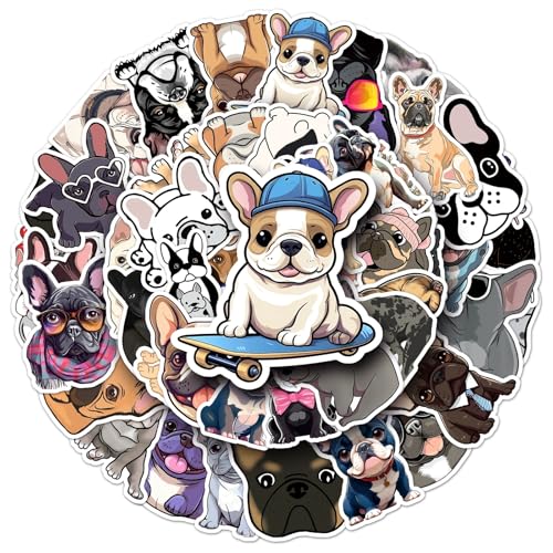 Französischer Bulldogge Wasserdichte Aufkleber Set Geschenk für Jugendliche Erwachsene 50 Stück French Bulldog Vinyl Sticker Deko für Auto Motorräder Fahrrad Skateboard Snowboard Gepäck Laptop