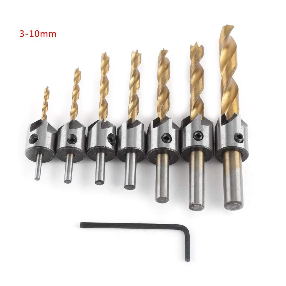 Fraise à Chanfrein 5 Flûtes Foret Conique avec Clé Hex Outil Chanfreinage pour Bois(7pcs(3-10mm))