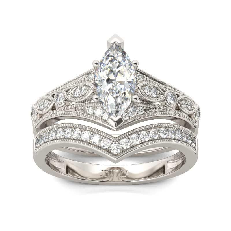 Jeulia 2PCS Wedding Ring Set for Women Sterling Silver Milgrain Marquise Cut Rings Ladies Bridal Set Jewelry for Wedding Band Engagement with Gift Box