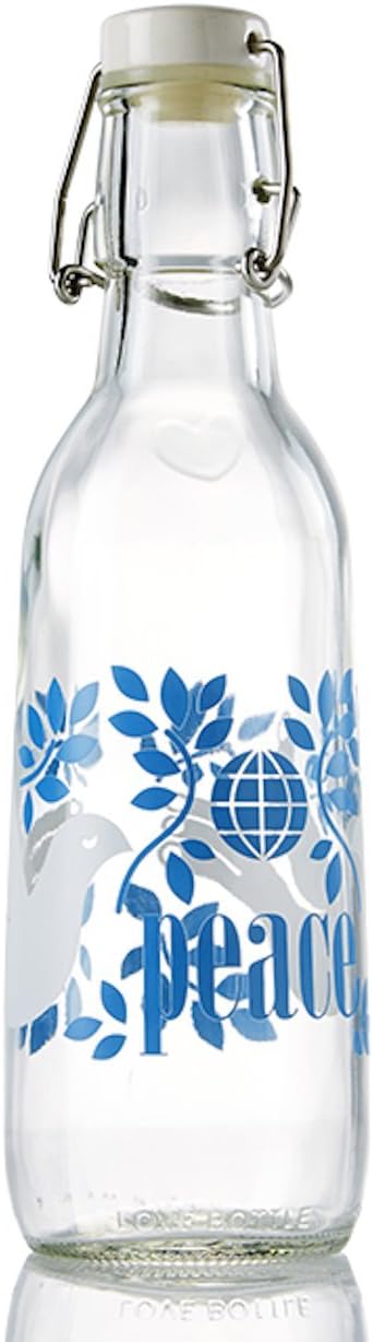 Glass Water Bottle (Peace), Made in USA, Reusable, Swing Lid, Non Toxic, BPA-Free, Zero Plastic, 500 ml 16.9 oz, Leak Proof, Fits Most Cup Holders, Dishwasher Safe