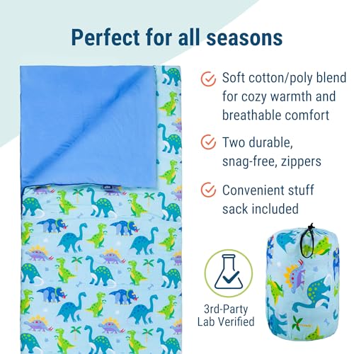 Image of Wildkin Kids Sleeping Bag - Roll-Up Design with Storage Bag for School, Travel & Camping - Dinosaur Land