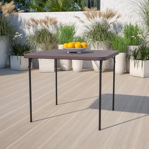 Flash Furniture Dunham 2.83-Foot Square Bi-Fold Brown Wood Grain Plastic Folding Table with Carrying Handle by Flash Furniture - Used condition - Image 2