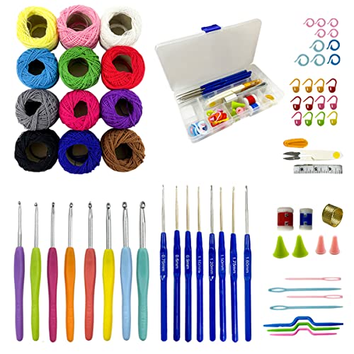 Kit Crochê Completo 16 Agulhas e 12 Linhas de Algodão Colorida Materiais para tricô Conjunto de agul