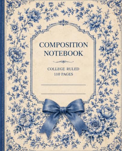Cute Vintage Composition Notebook COLLEGE ruled: Blue Bows and Floral: Botanical Aesthetic Coquette Notebook for girls and teens and women, 110 Pages image 2