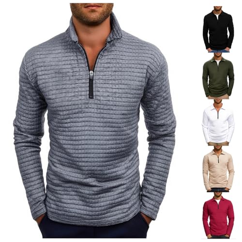 Mens Quarter Zip Sweatshirts Waffle Plaid Pullover Sweatshirts Long Sleeve Sweaters Solid Color Lapel Collar Tops3